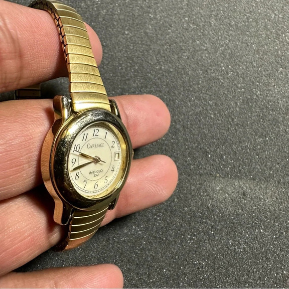 Carriage Indiglo Date Just Ladies Quartz Watch Gold Tone Stretch Band Working - Picture 6 of 10